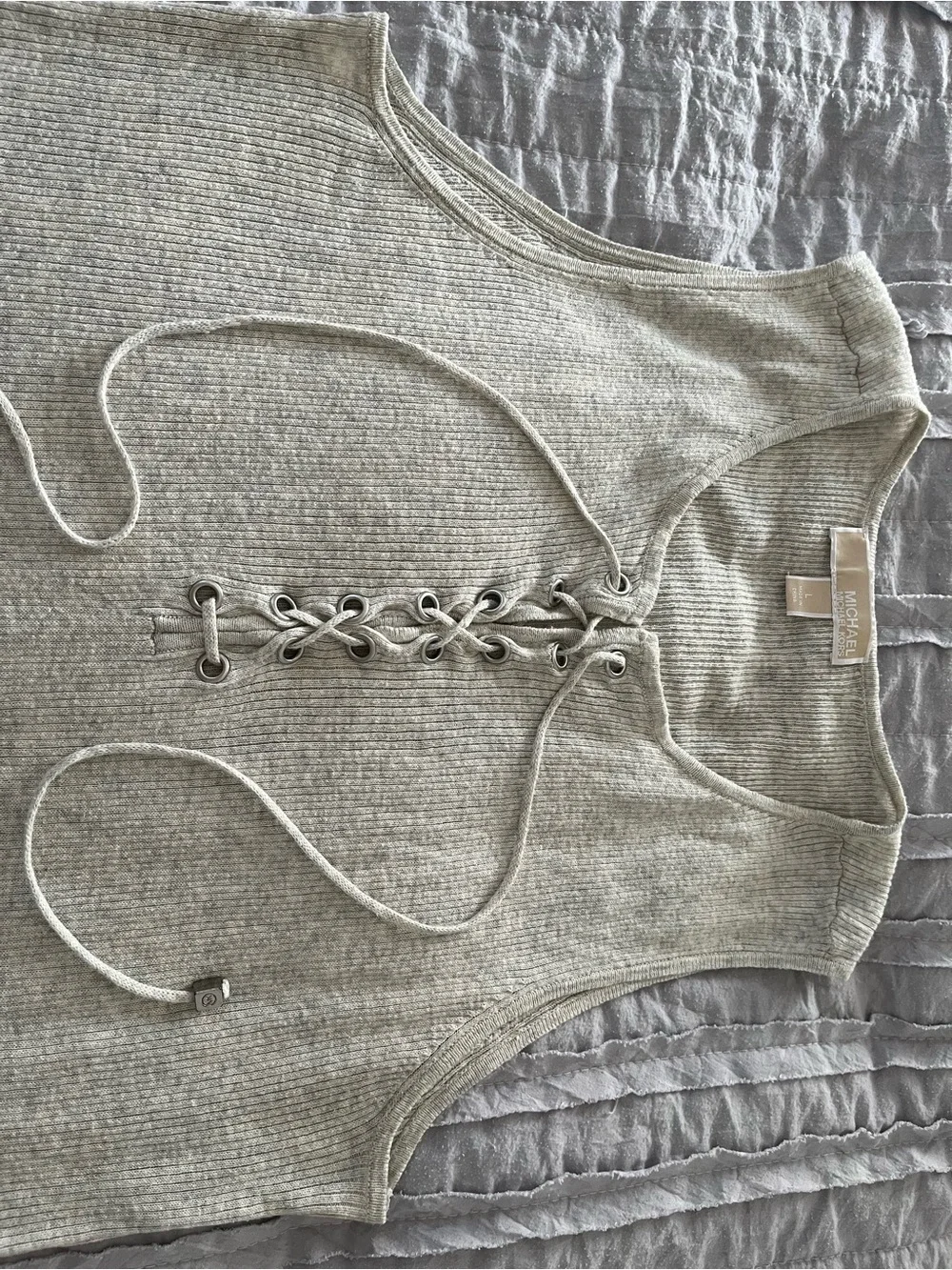 Michael Kors Light Heather Gray Lace-Up Ribbed Tank